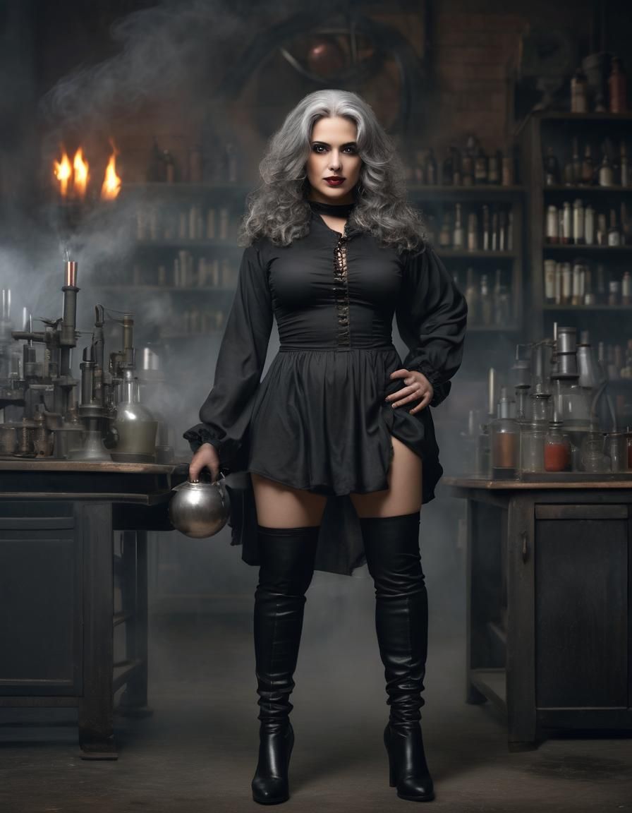 Scary Portrait of a Woman in a Dark Lab