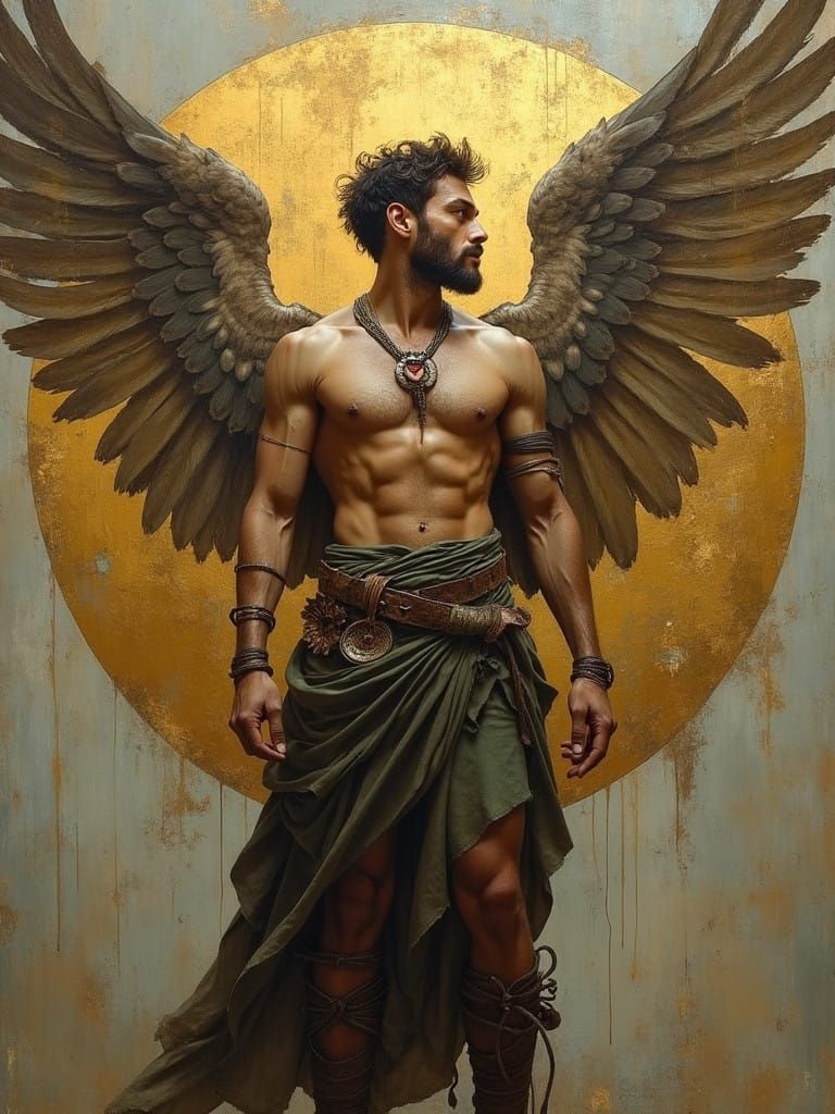 Warrior Angel with Tattered Wings in Golden Verdigris Backgr...