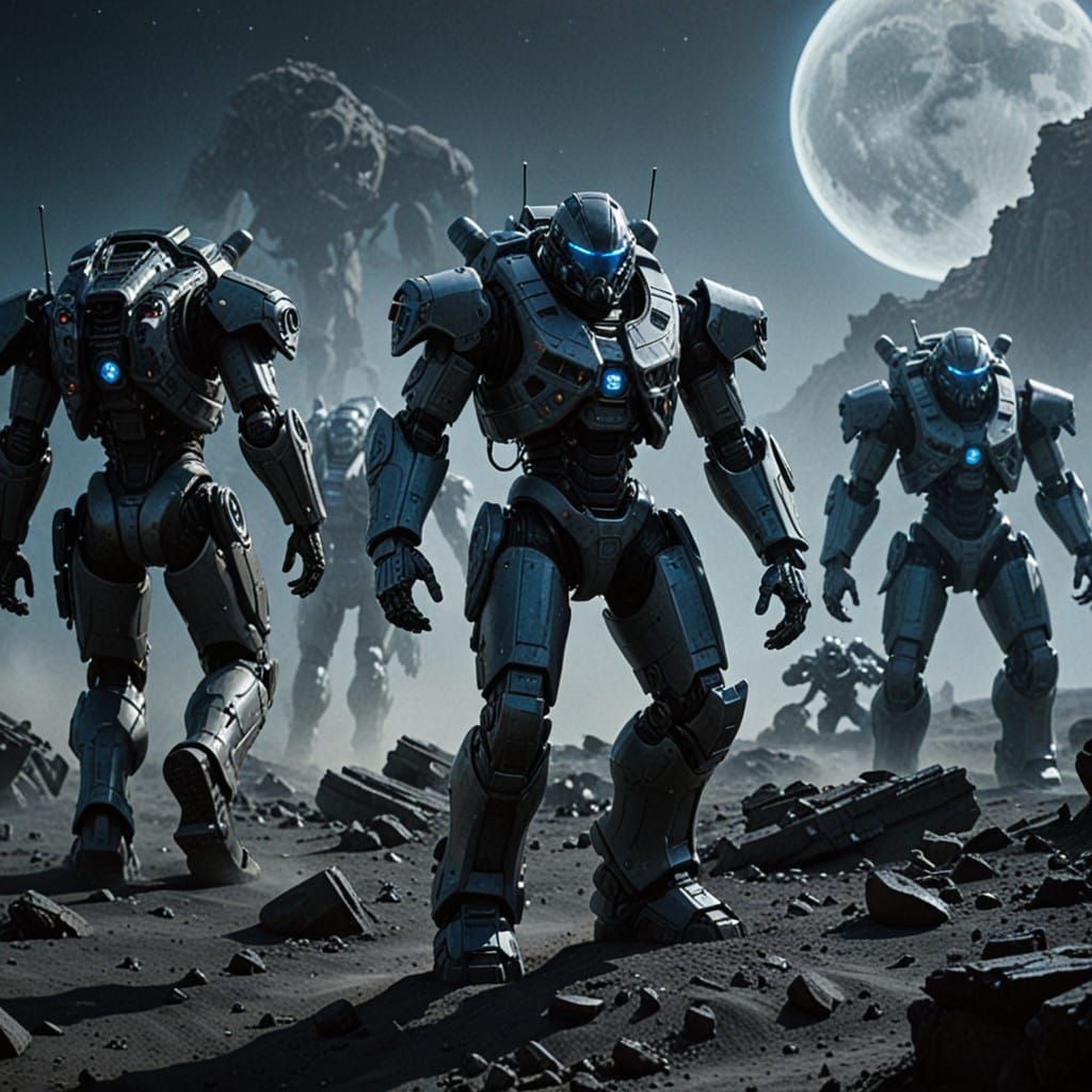 Futuristic Marines Clash with Alien Soldiers in Lunar Crater