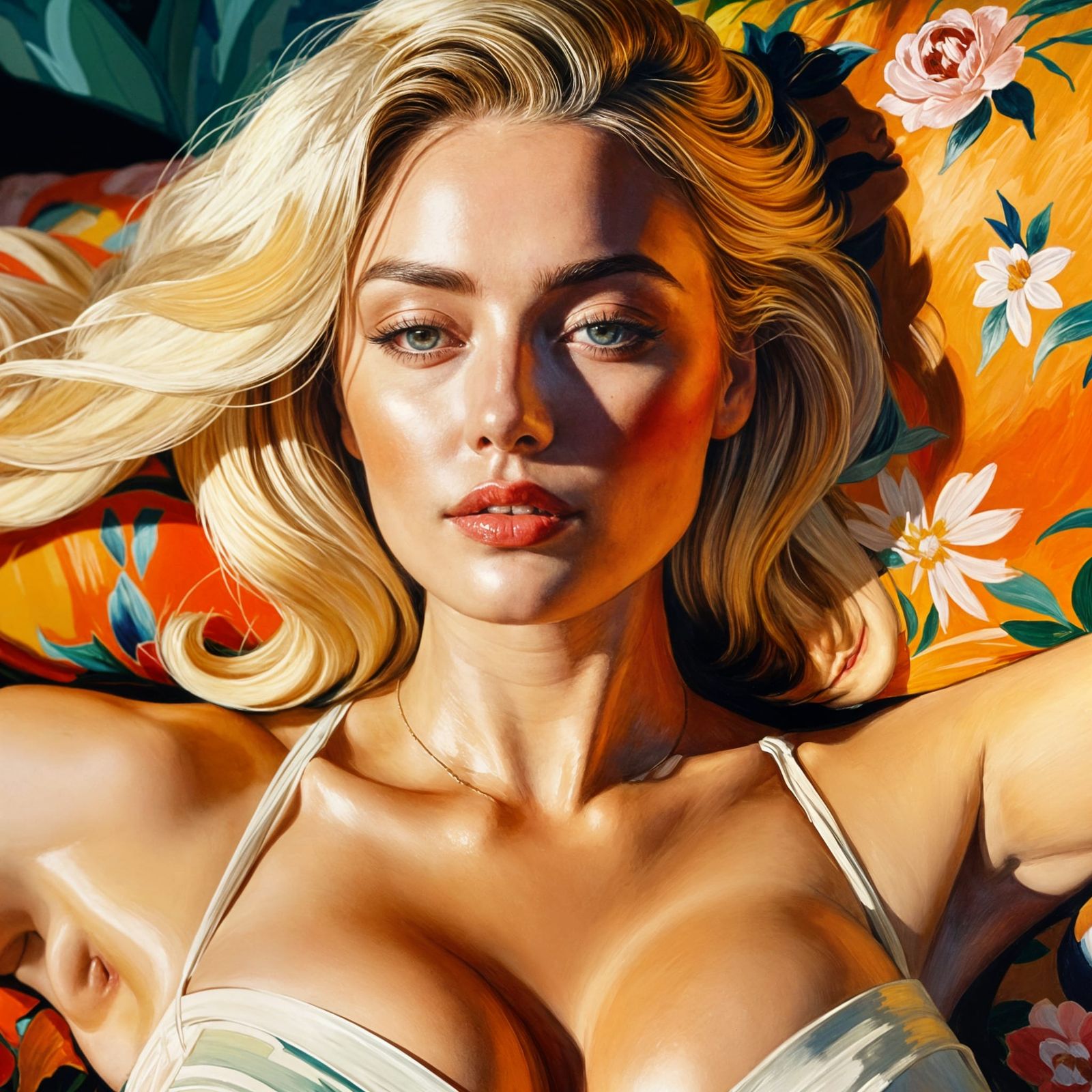 Luscious Blonde on a Flowery Sofa in Impressionist Style