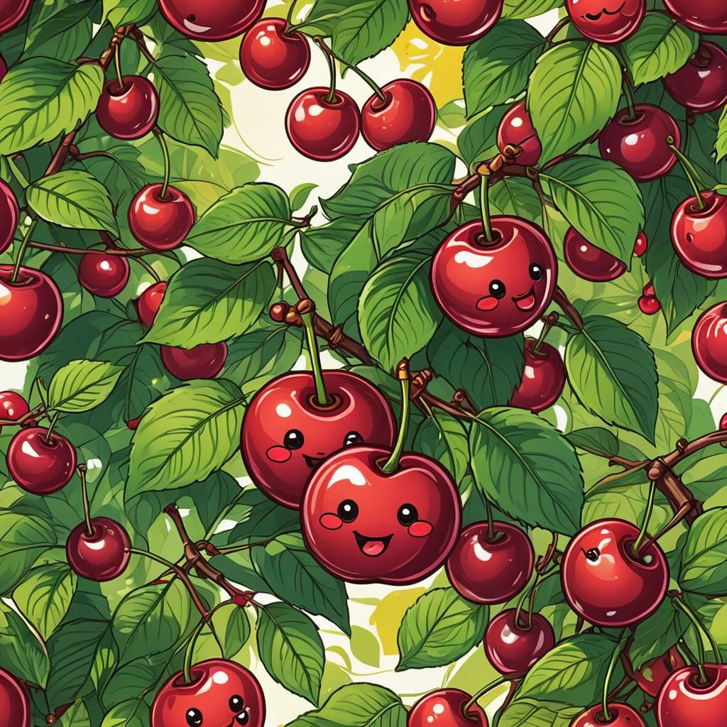 Smiling Cherries in Anime Style Illustration