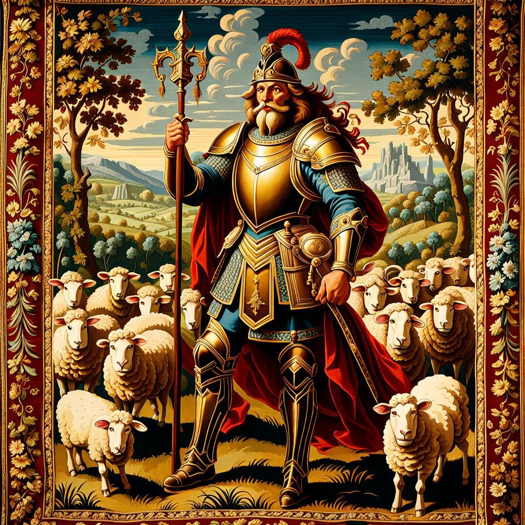 Sheep Army Led by Lion Beastman in Tapestry Style