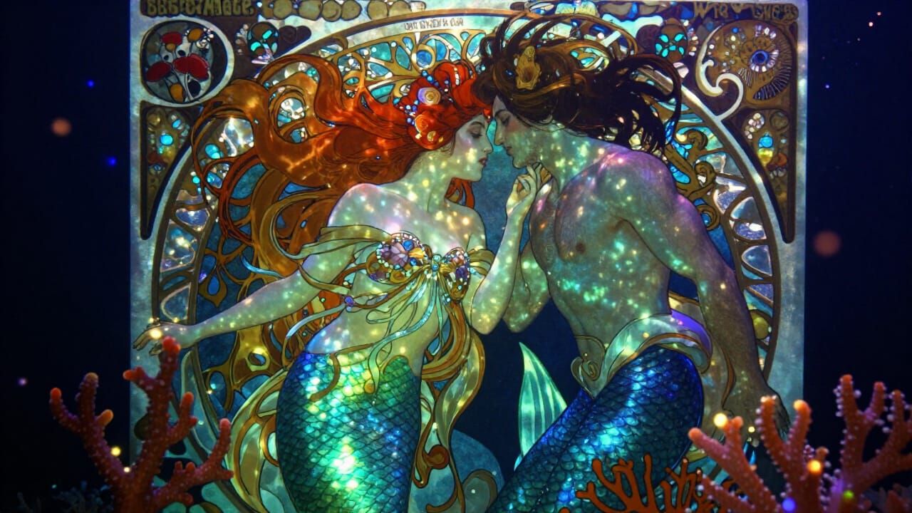 Mermaid Queen and Human King Underwater Embrace