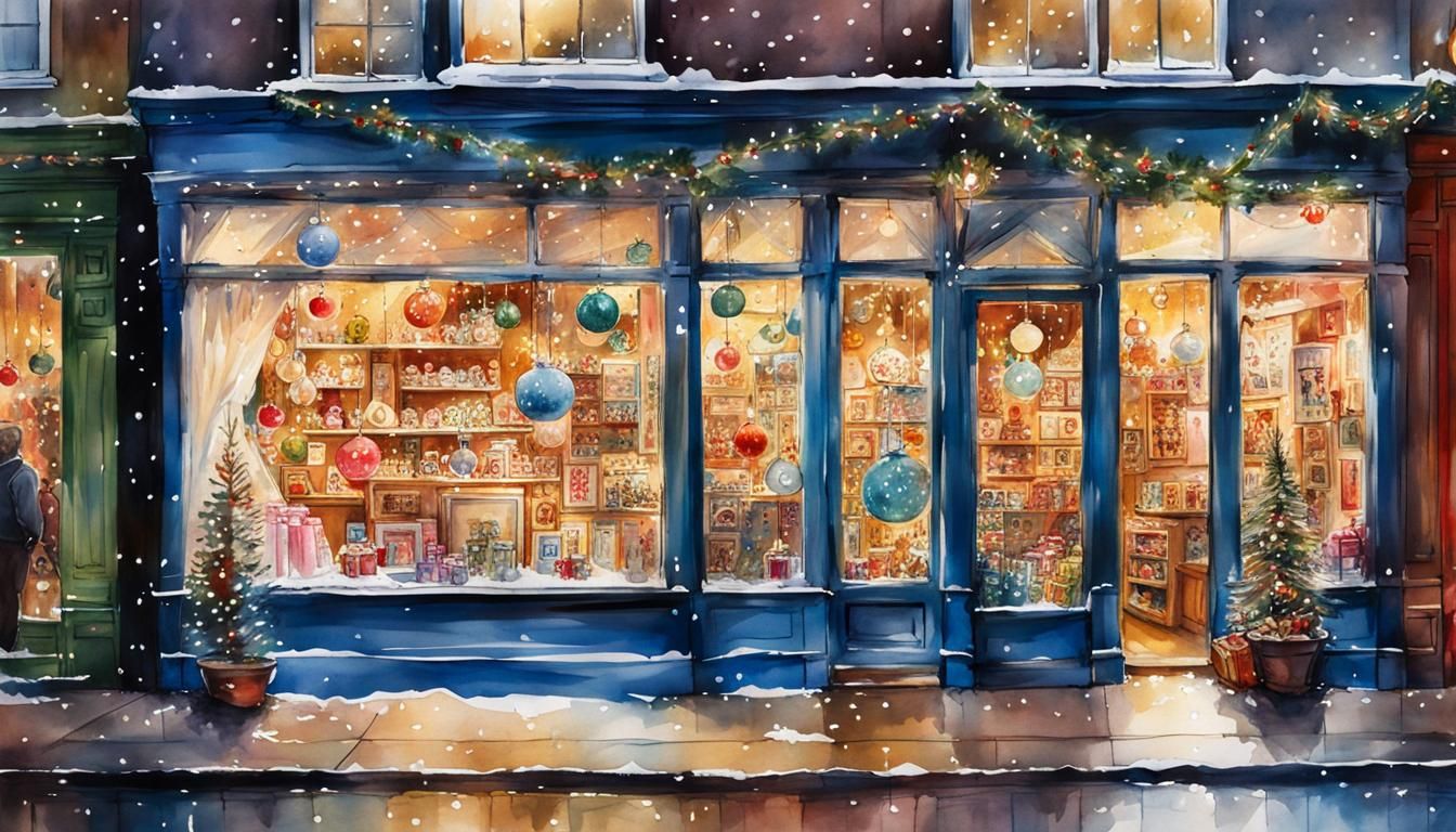 Watercolor Christmas Toy Store Window View