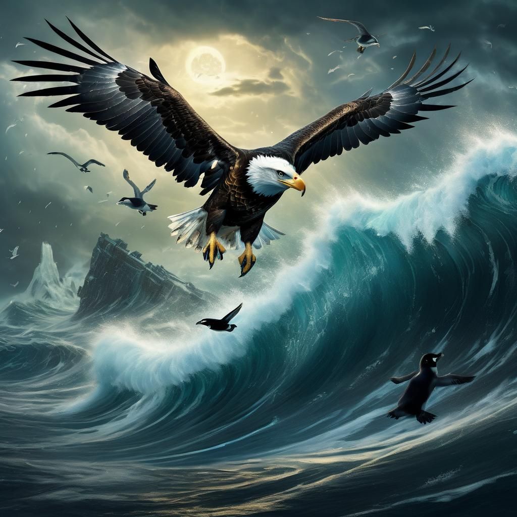Eagle Soaring with Penguin in Stormy Seas