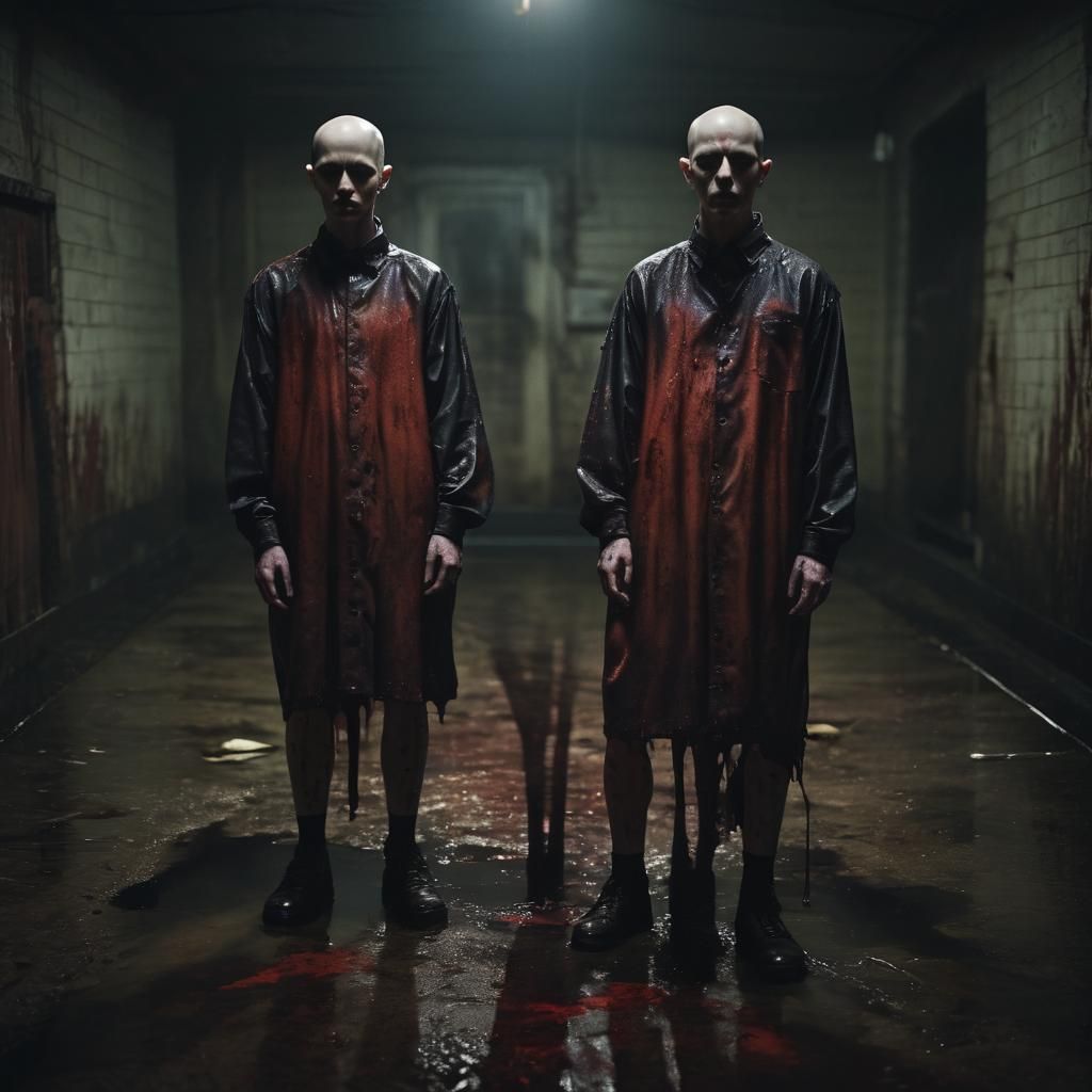 Disturbing Conjoined Twins in Dark Cellar: Cinematic Still