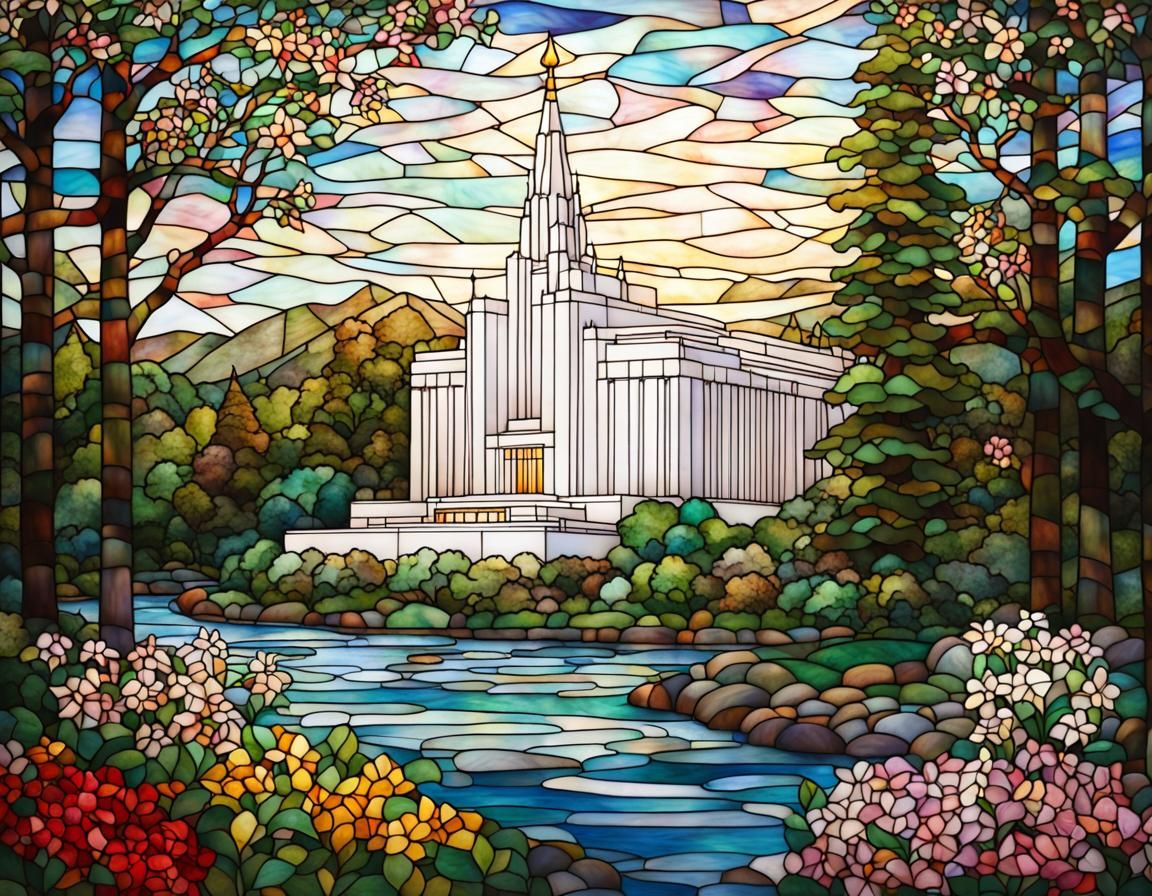 Stained Glass Temple Surrounded by Nature