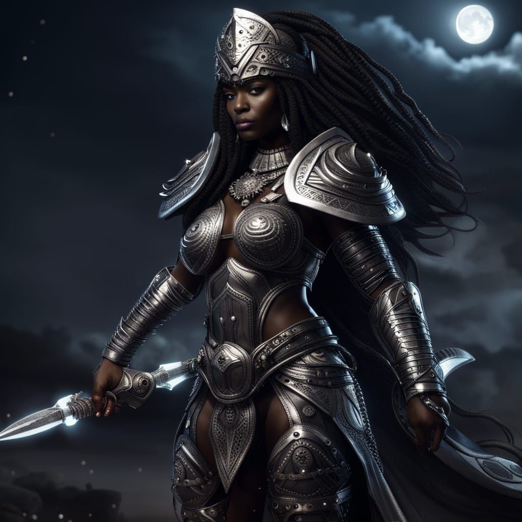 Epic African Goddess of Night in Steel Armor