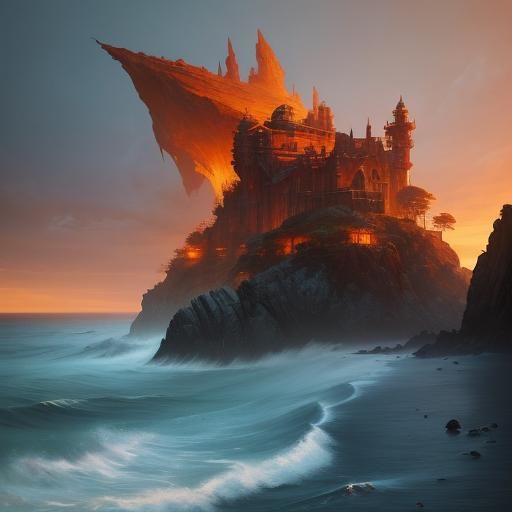 Serene Dawn Beach with Orange Sunset, Digital Painting