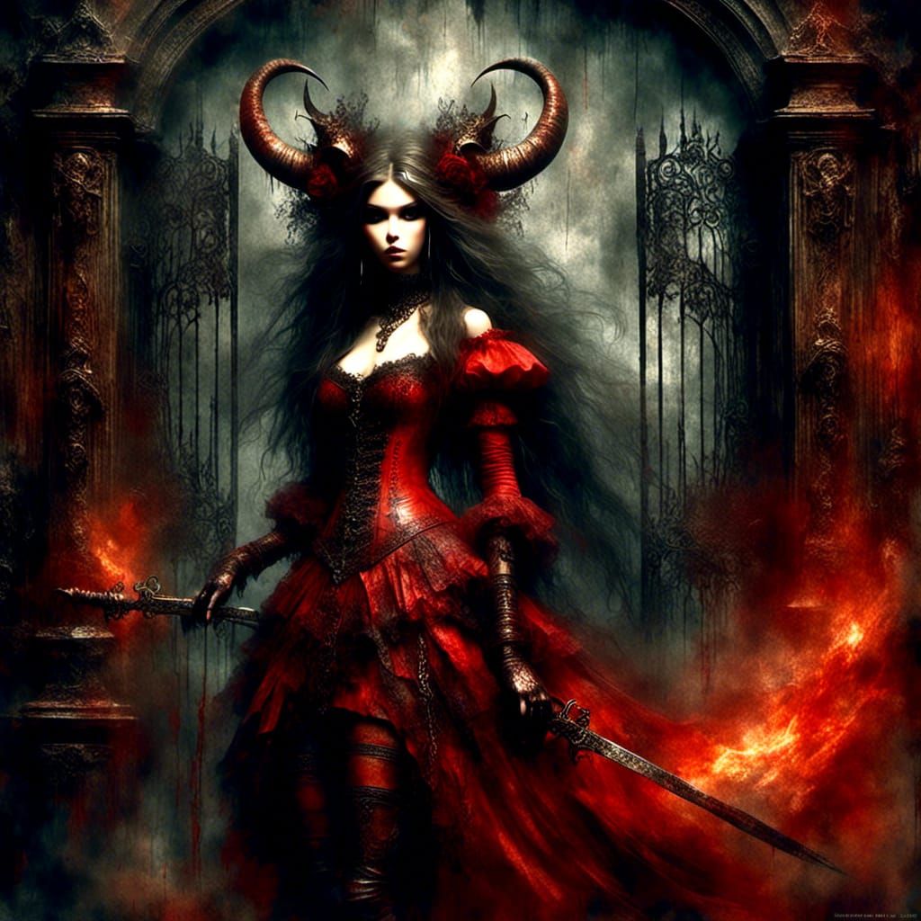 Fiery Devil Woman Walking Through Hell Gates