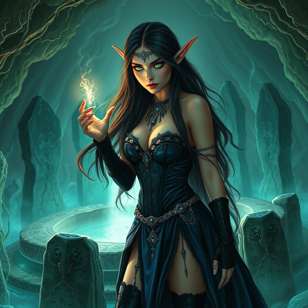Enchanting Elf Witch Casting Spell in Grotto