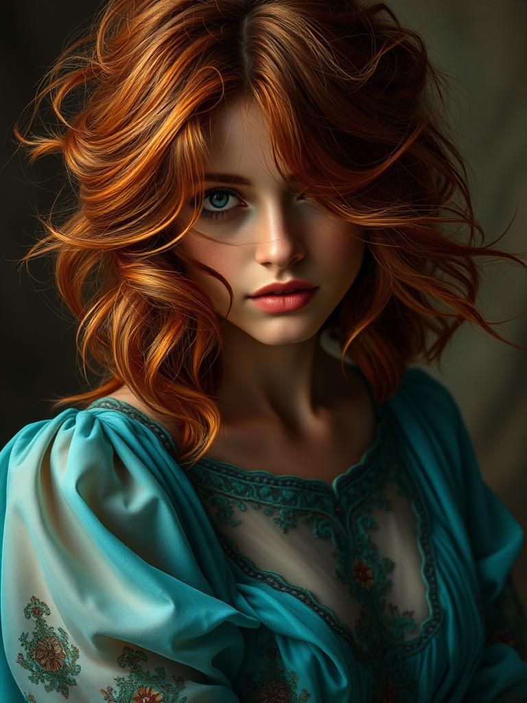 Auburn-Haired Woman in Flowing Dress: Romantic Portrait
