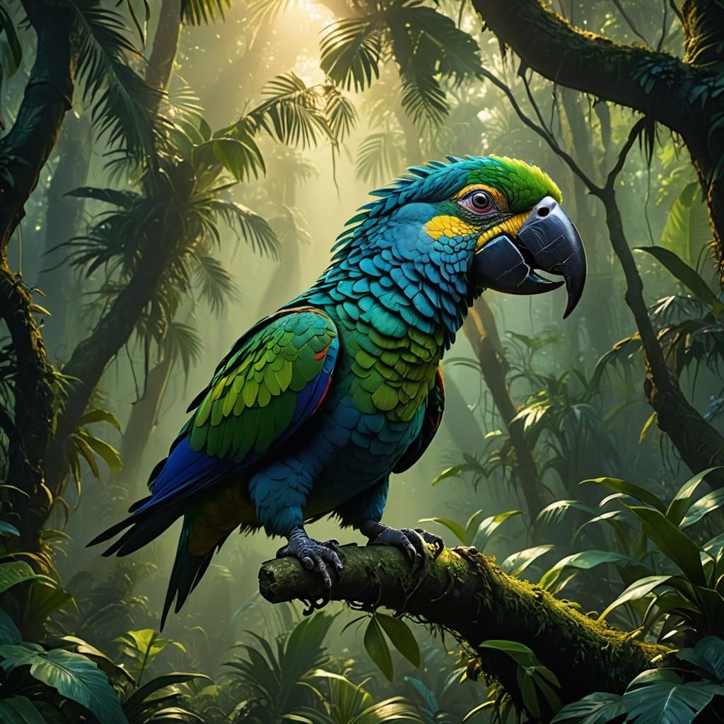 Parrot-Hippo Hybrid in a Lush Jungle, Concept Art