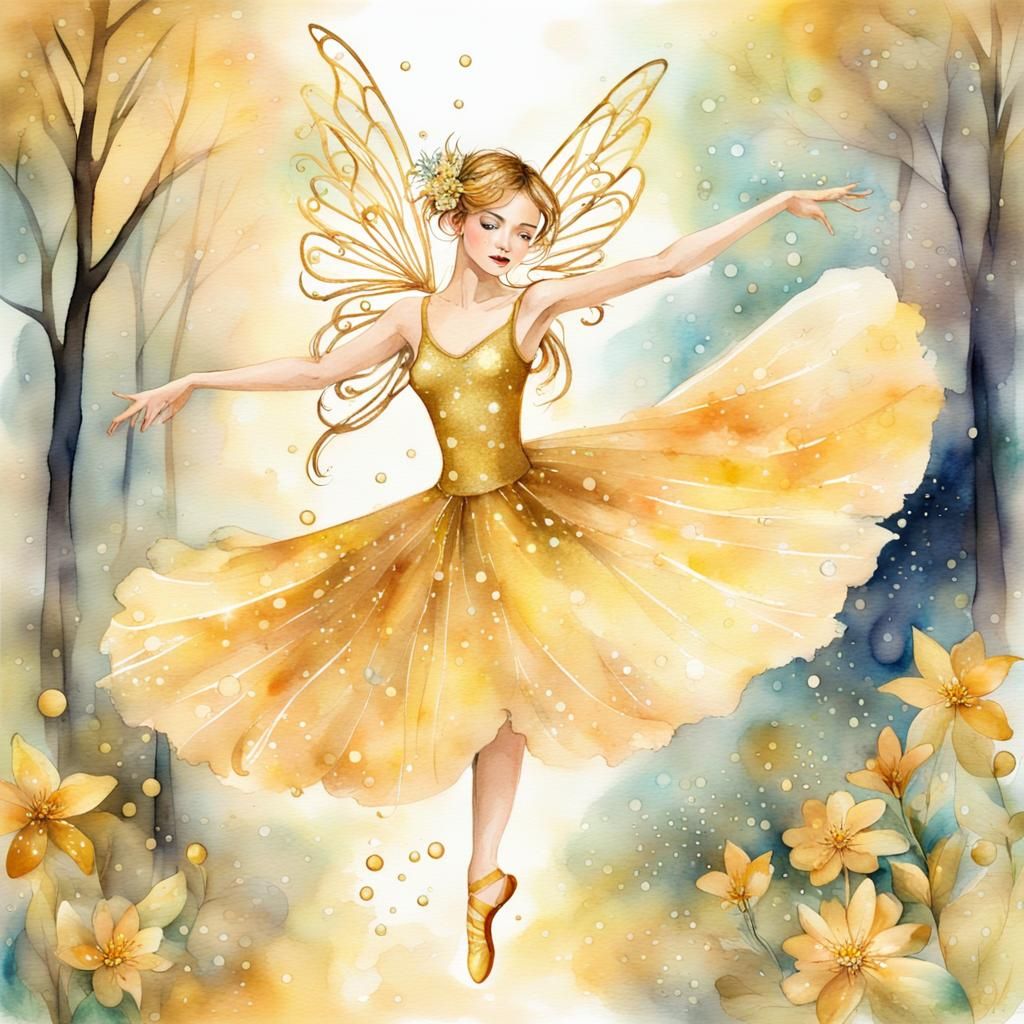 Golden Fairy Dancing in Watercolor Floral Scene
