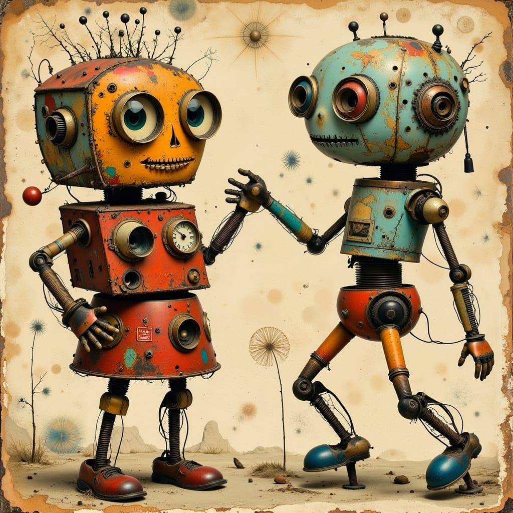 Vintage Robots Dancing in a Whimsical Art Deco Style