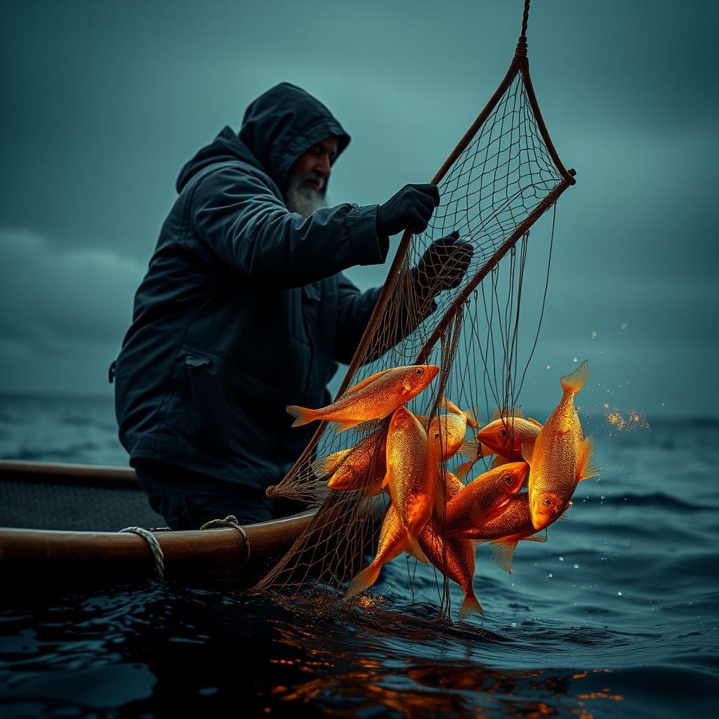 Fisherman in the Depths of a Glowing Ocean
