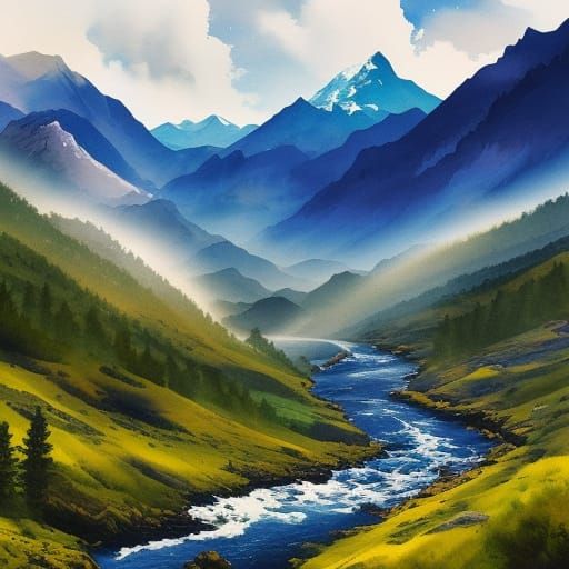 Mountain Waterfall Scene in Acrylic Style