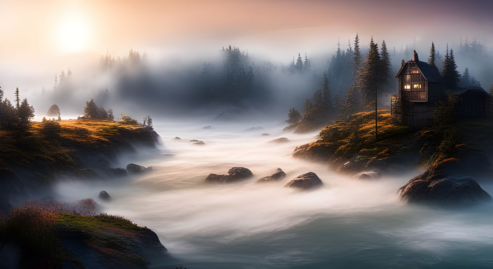 Ethereal Foggy Landscape in Hyperreal Digital Art