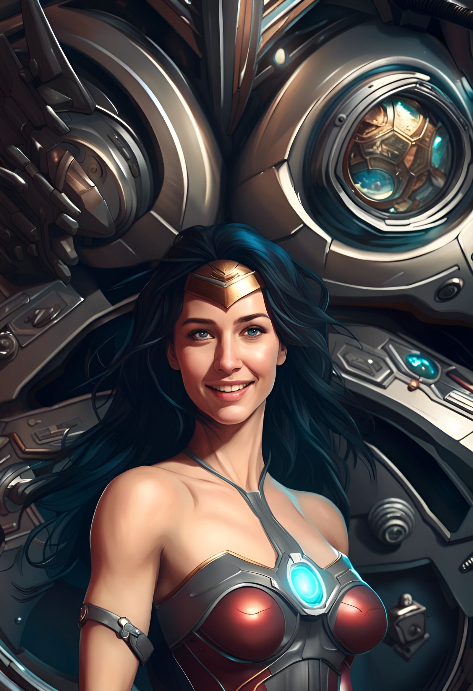Smiling Female Superhero on Sci-Fi Spaceship