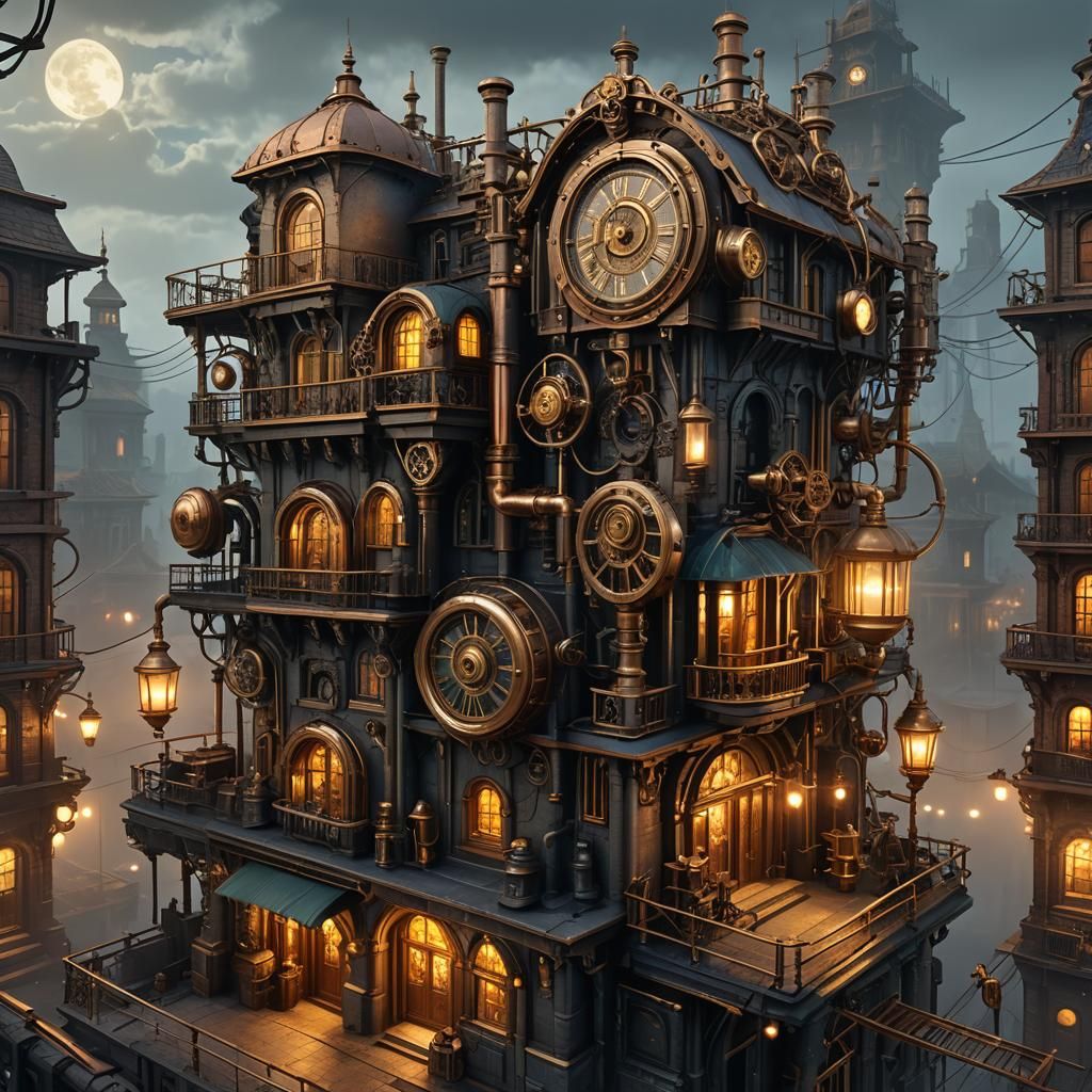 Steampunk House in Misty Industrial Landscape