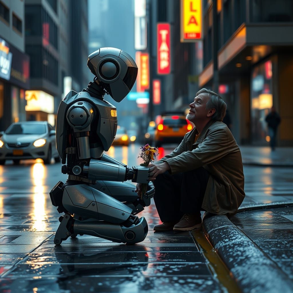 Robot Offers Flowers to Human on Rainy Street