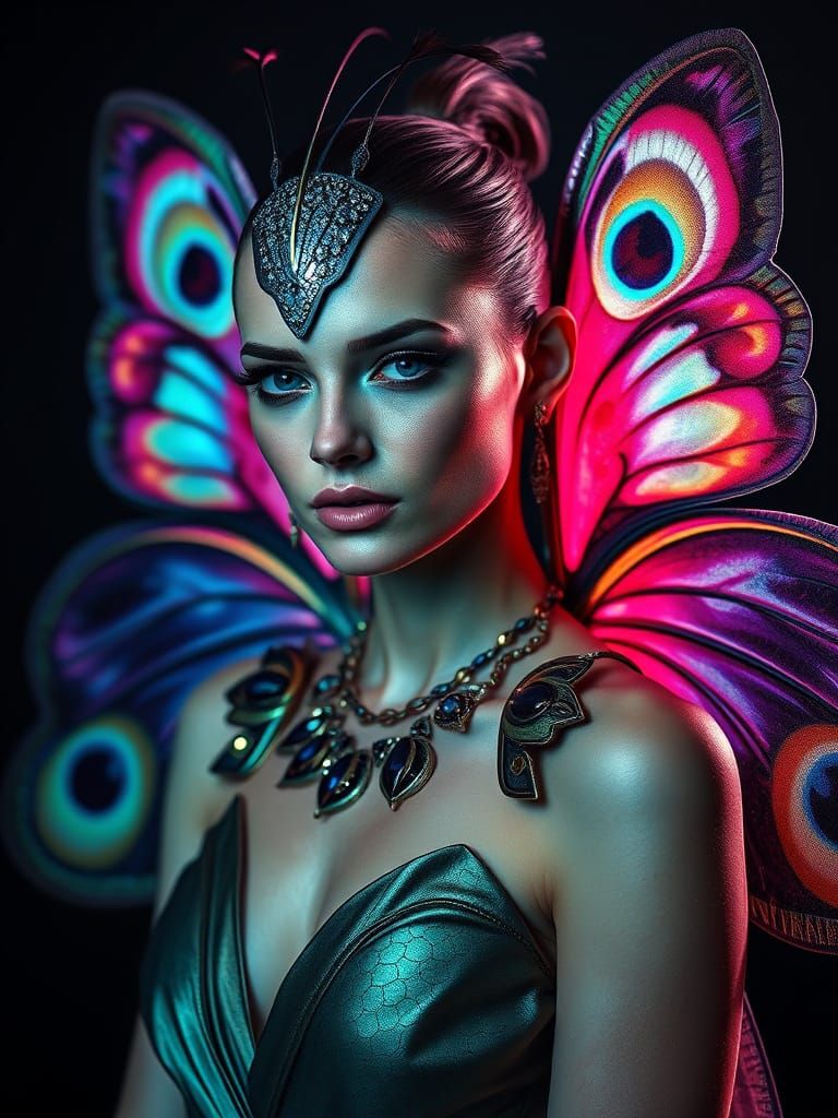 High-Fashion Chimera Portrait with Peacock Eyes & Butterfly ...