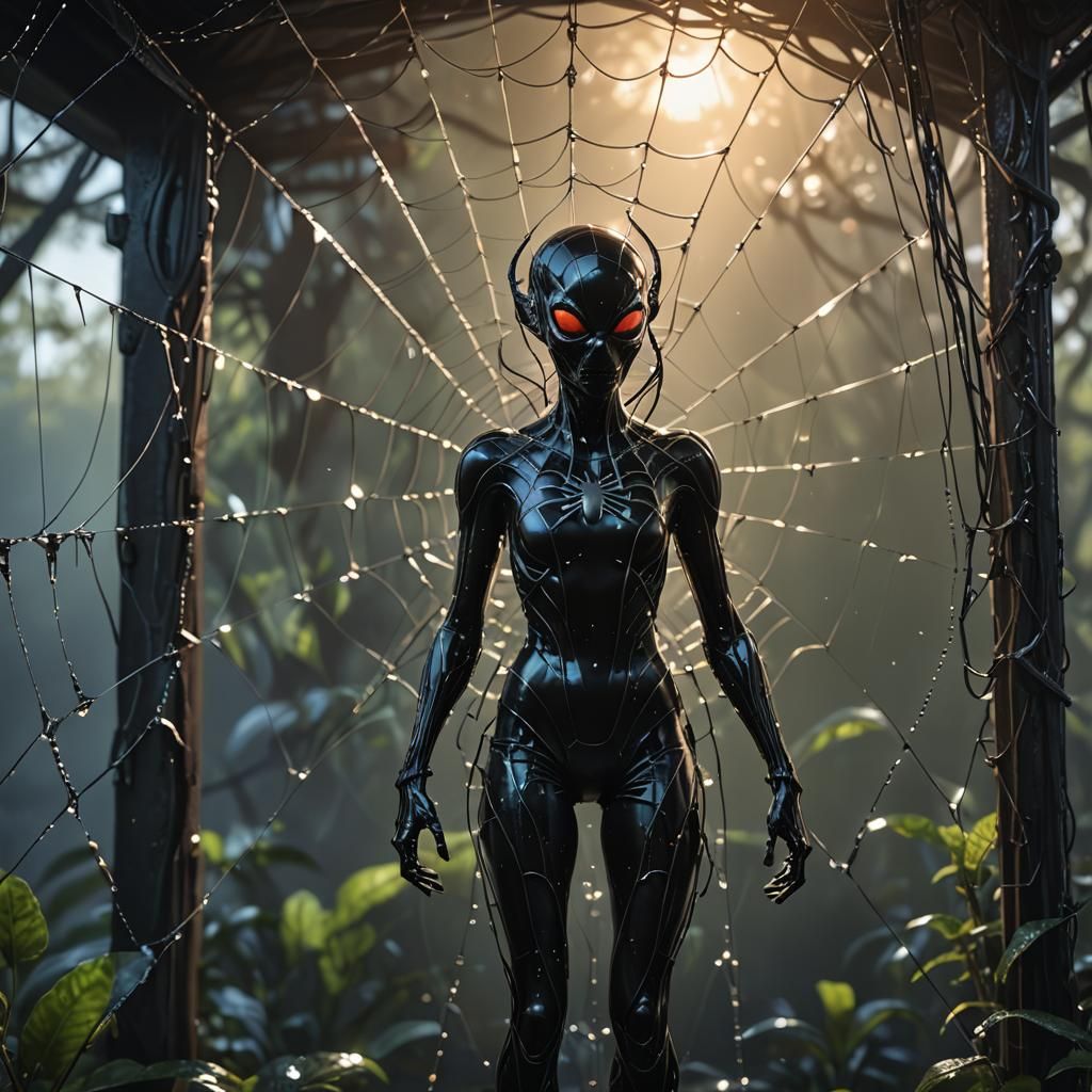 Alien Girl with Spider Legs in Dewy Web