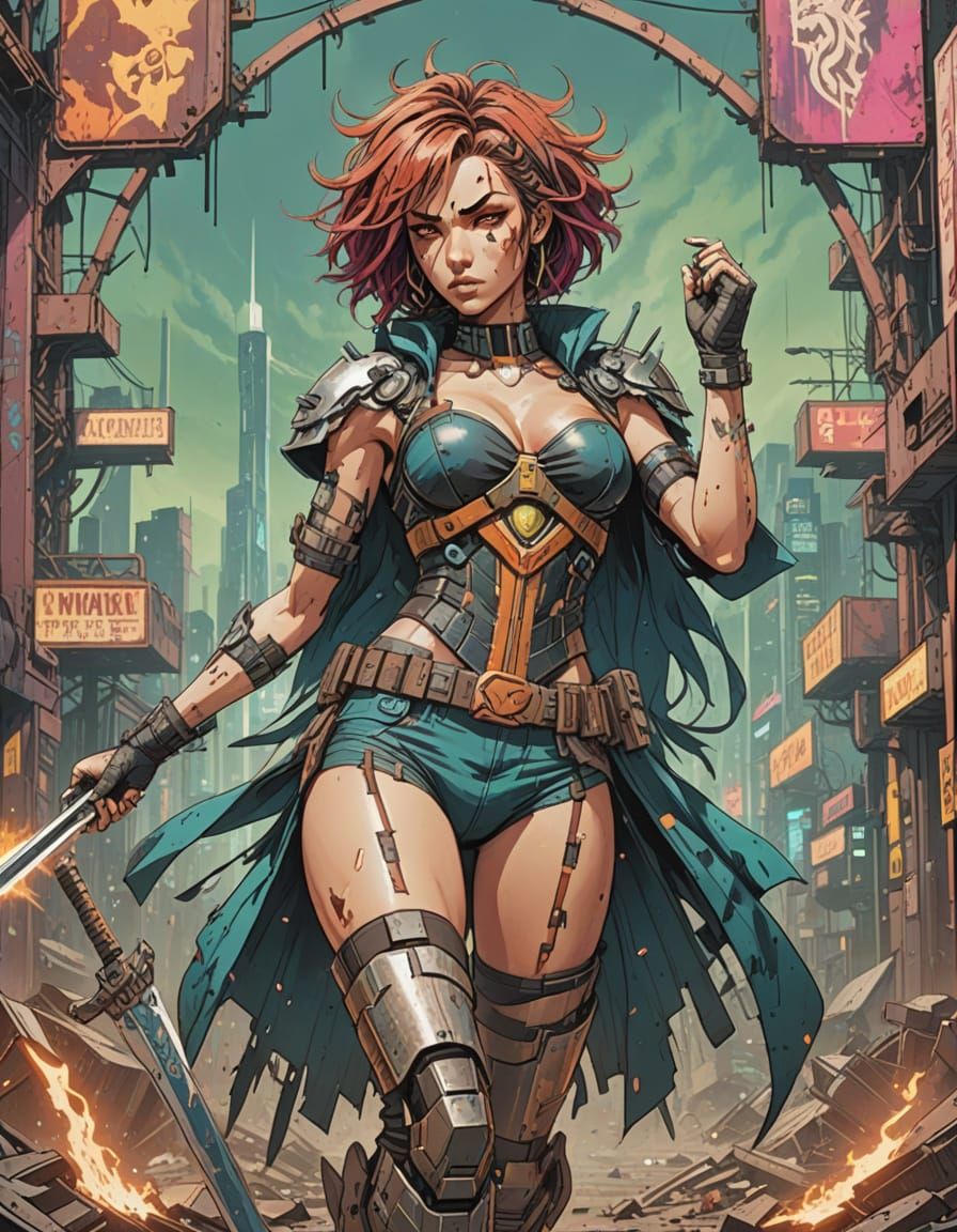 Cyberpunk Warrior Unleashes Fury in Neon-Lit Wasteland