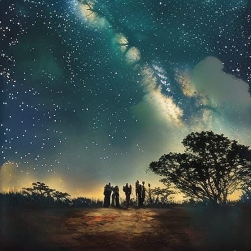 People Dancing on Clouds Under Starry Night Sky