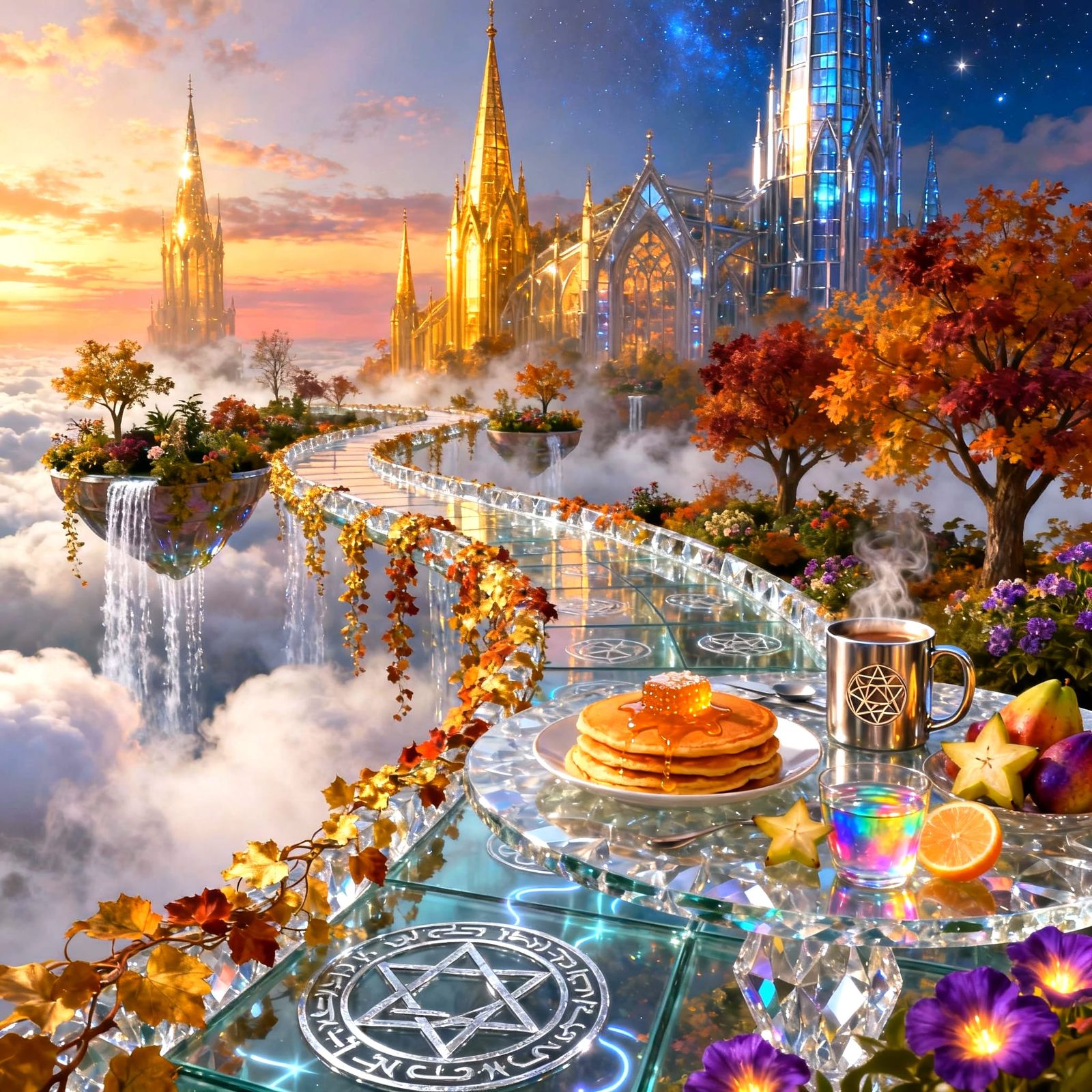 Surreal Sky-Garden Cityscape with Crystal Runes