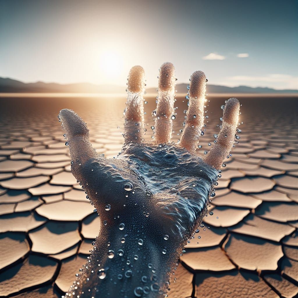 Surreal Water Hand in Desert Landscape