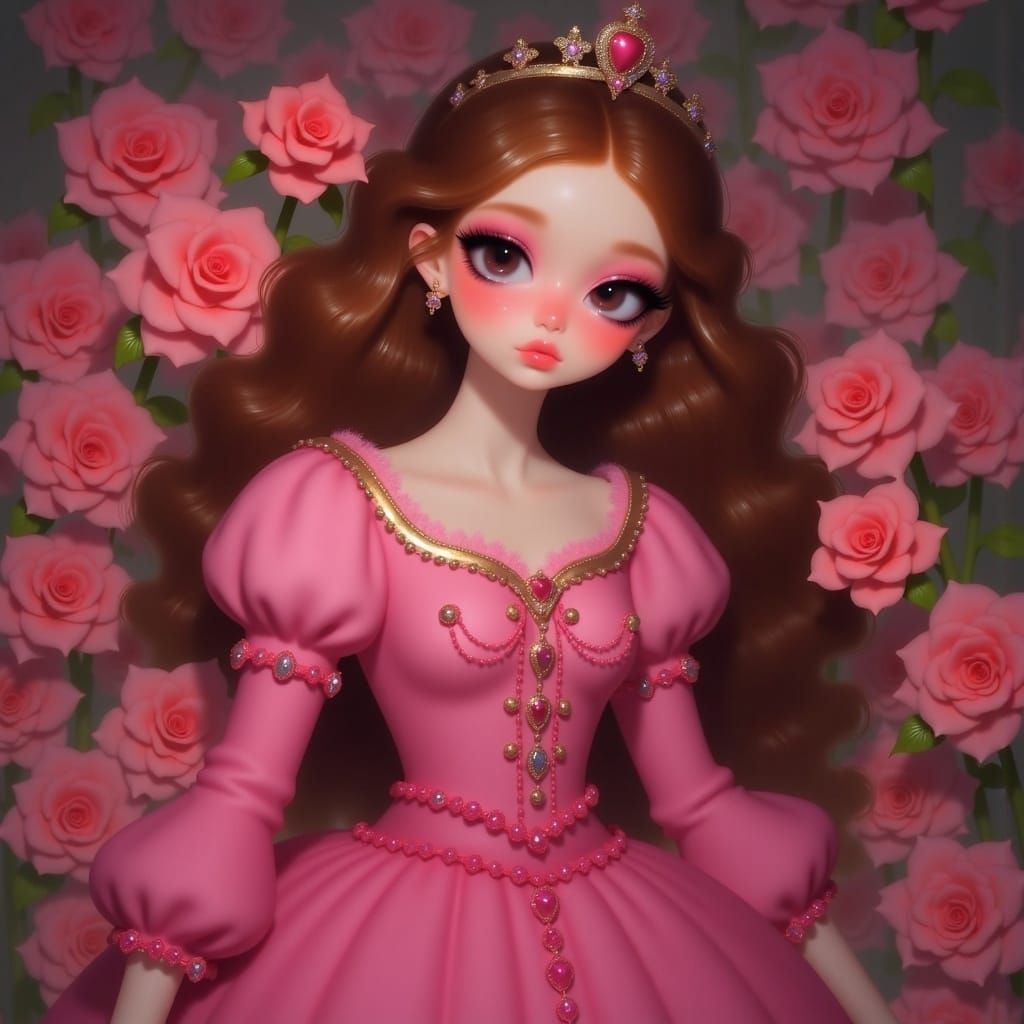 Sleeping Beauty Portrait with Golden Hair and Pink Roses