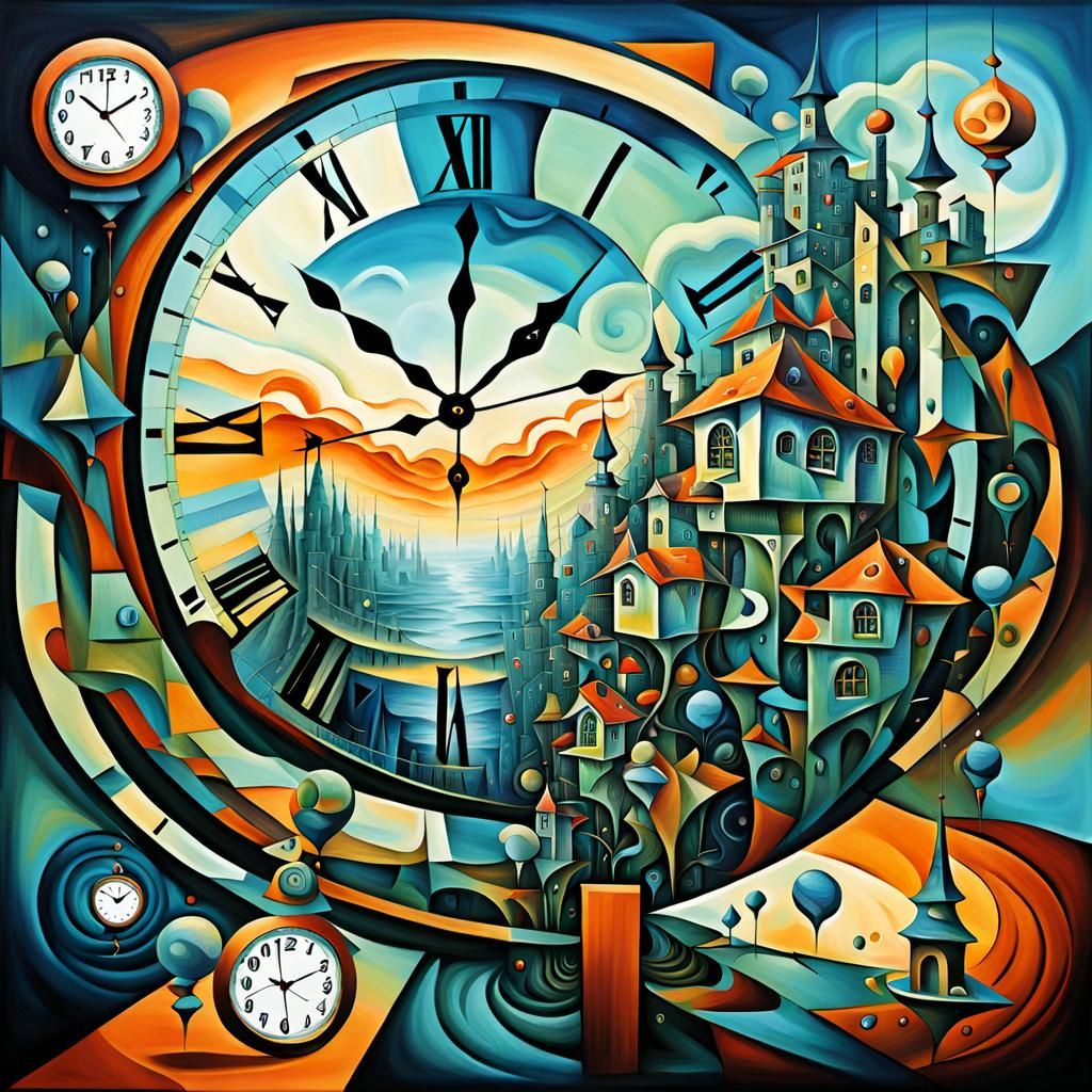 Surreal Cubist Dreamscape with Melting Clocks