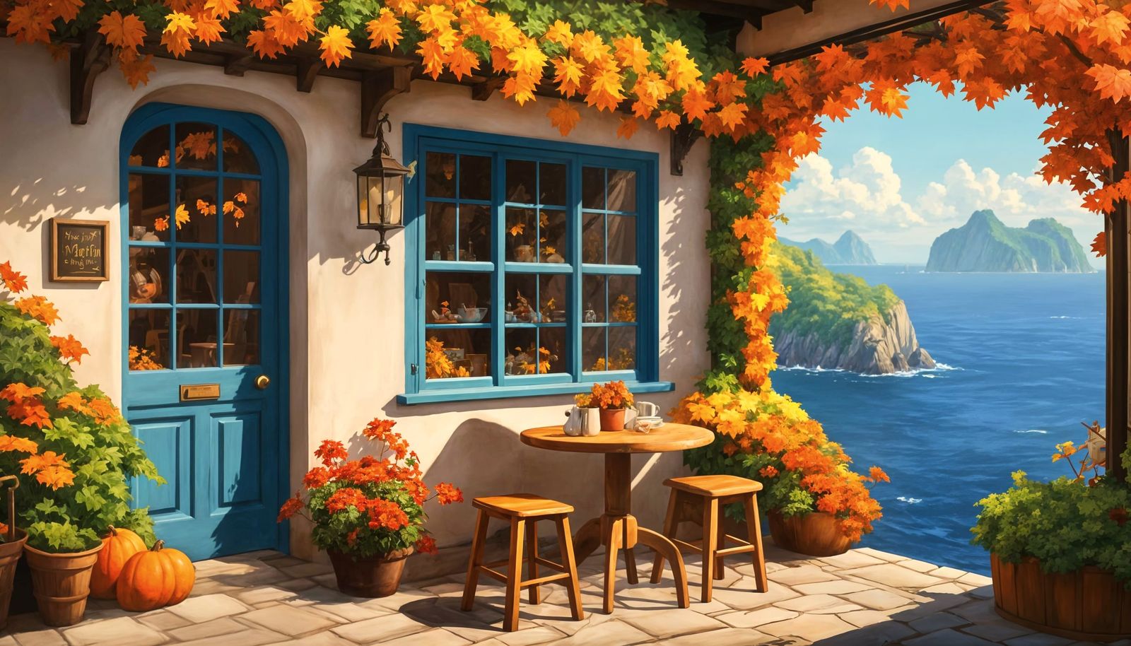 Charming Seaside Café in Anime Style