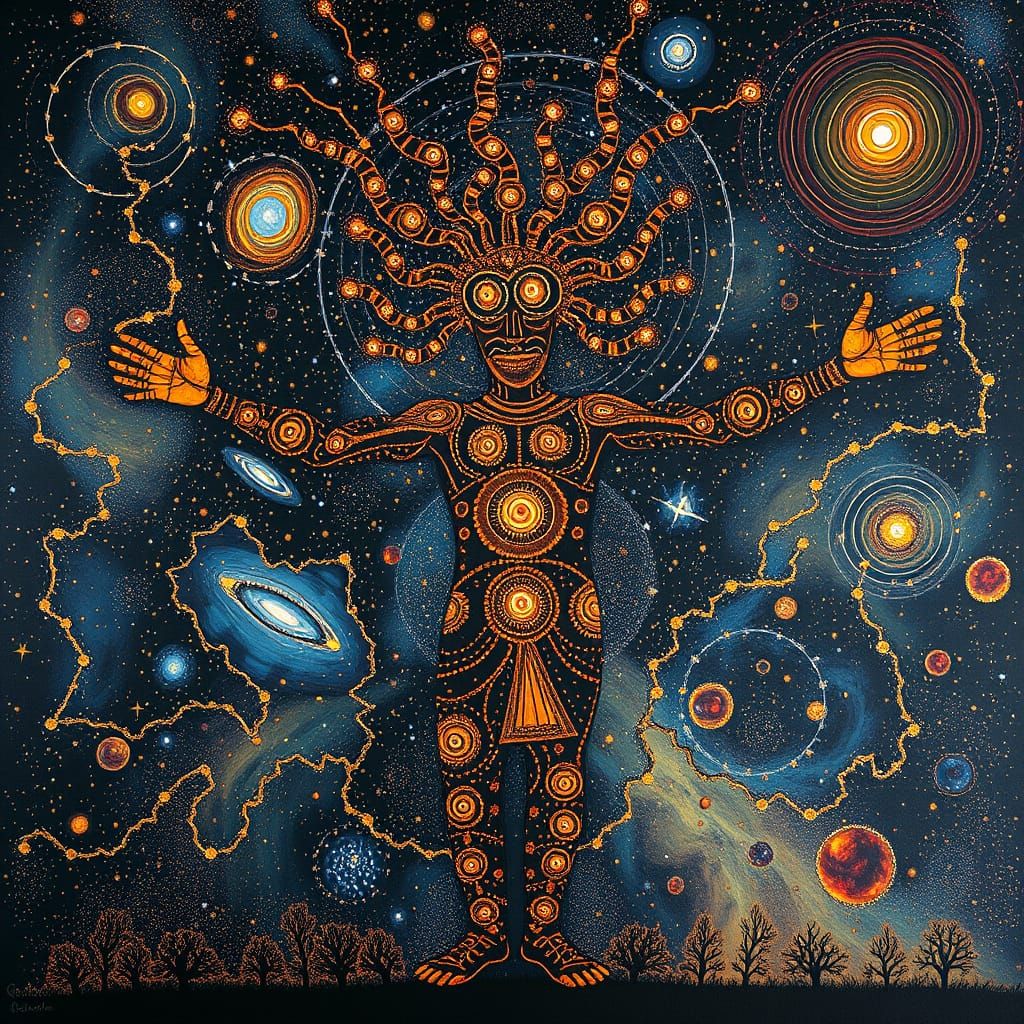 Baiame Charts Constellations in Cosmic Surrealism