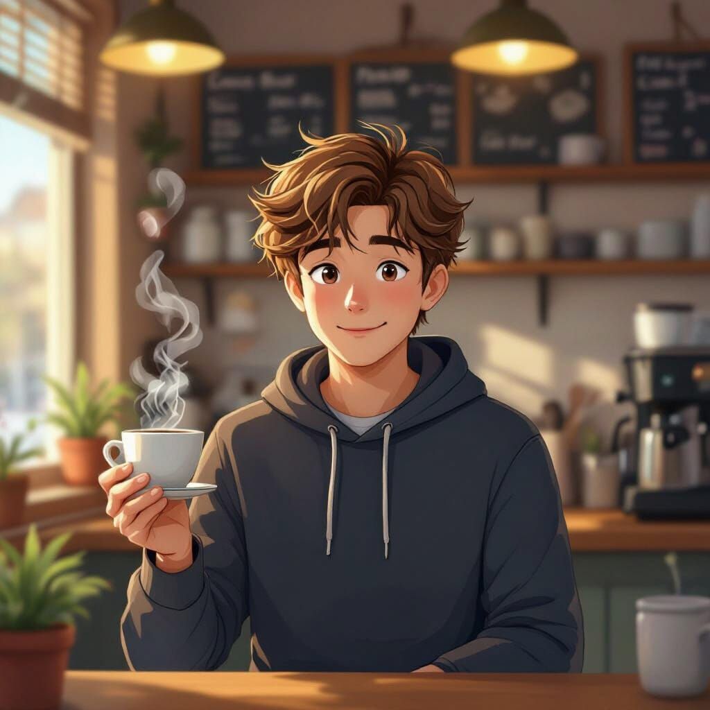 Young Man Prepares Coffee in Animated Ghibli Style