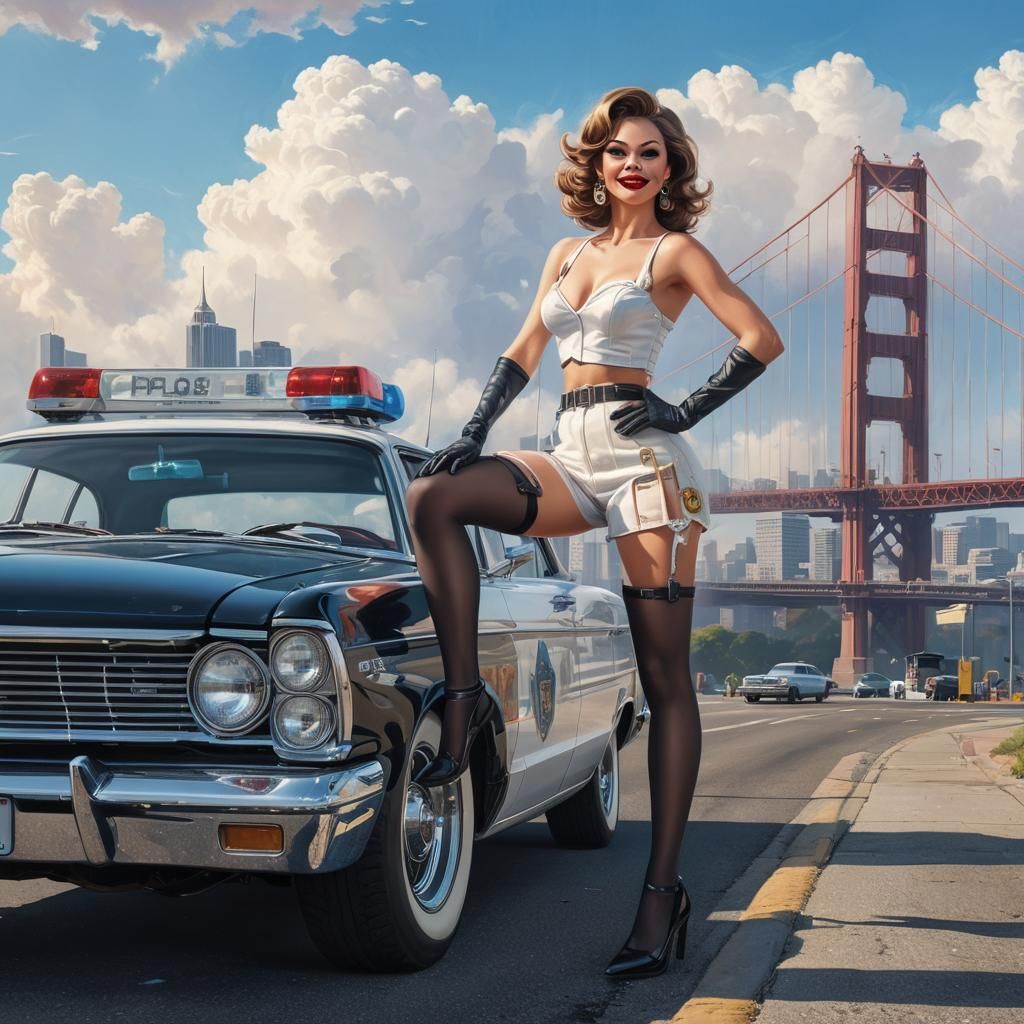 Smiling Pin-up Girl with Police Car in Candy Art