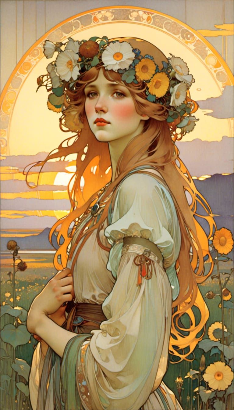 <lora:Art nouveau:1.0> Beautiful peasant girl in the field setting Sun