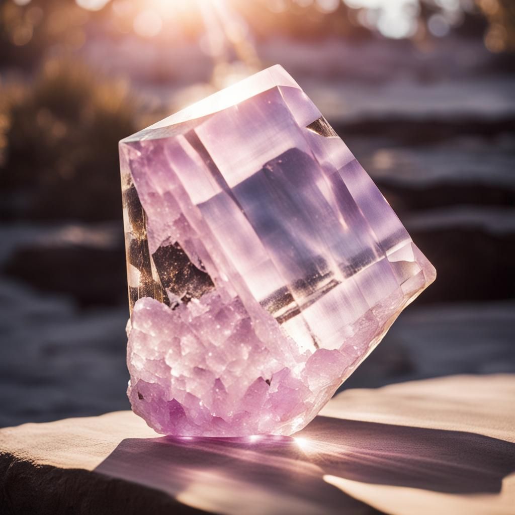 Kunzite Crystal Sculpture in Sunlight: Polaroid Style