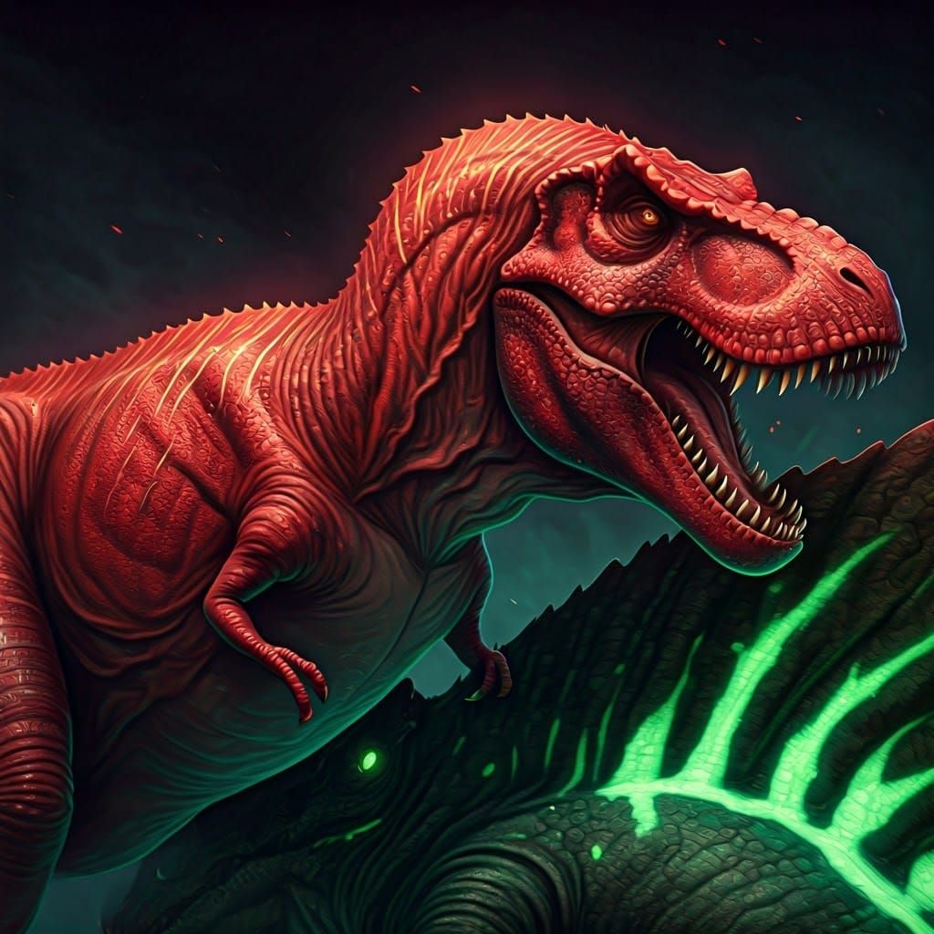 Scarlet T-Rex vs Green Spinosaurus in Neon Landscape