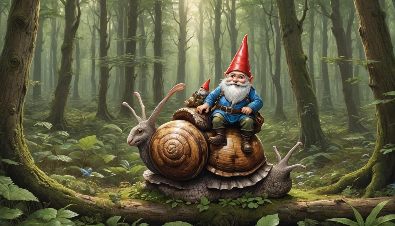 Gnome Rides Snails Through Forest