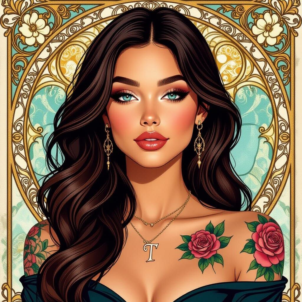 Art Nouveau Woman with Rose Tattoo