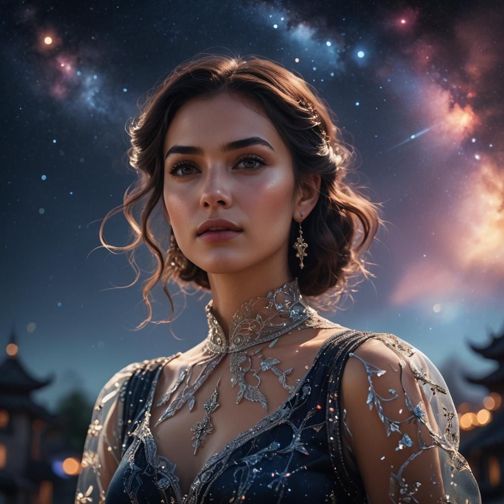 Beautiful Woman Portrait with Night Sky Background