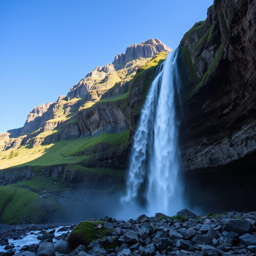 Majestic Waterfall Descends Rugged Mountain Landscape