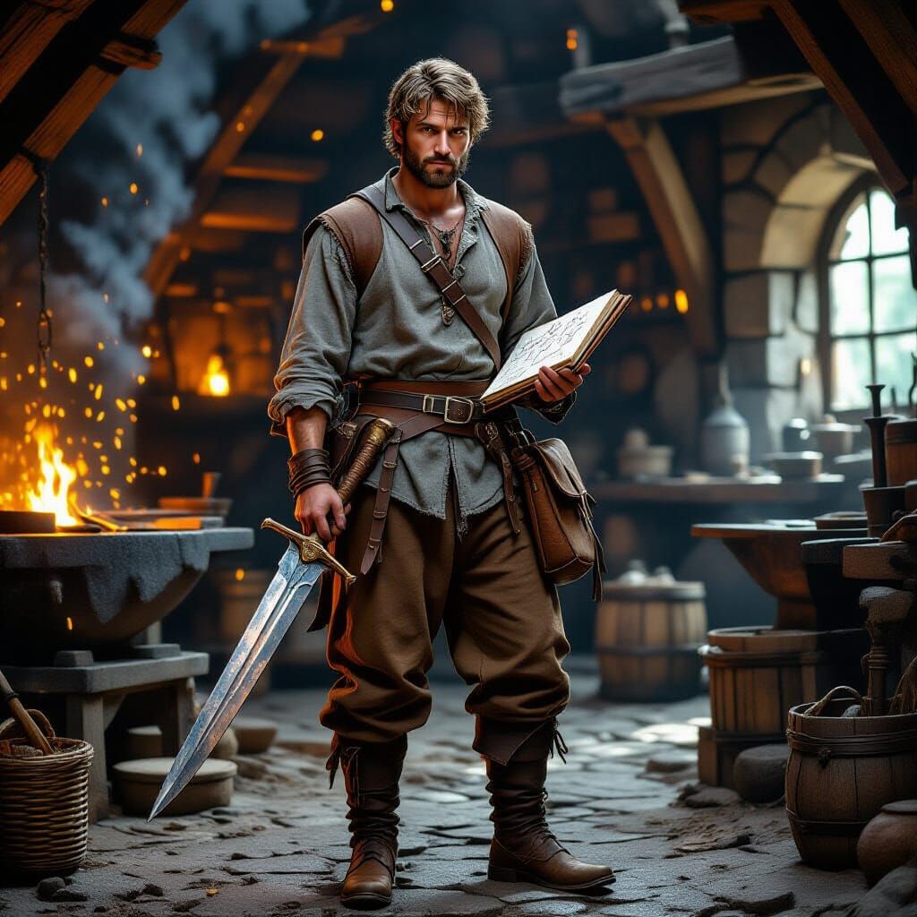 Medieval Traveler Forging a Blade in Fantasy World