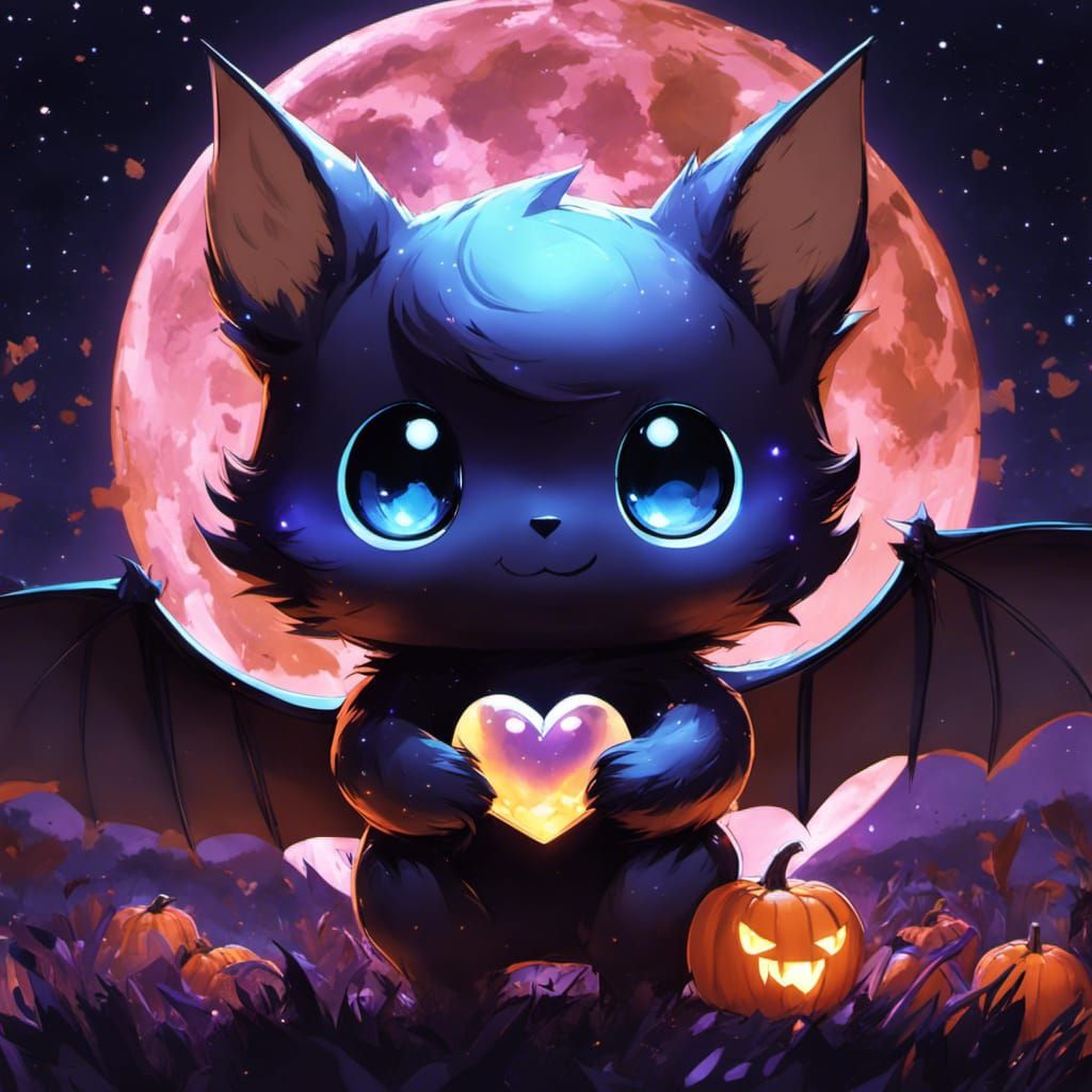 Chibi Bat with Sapphire Heart in Glowing Field