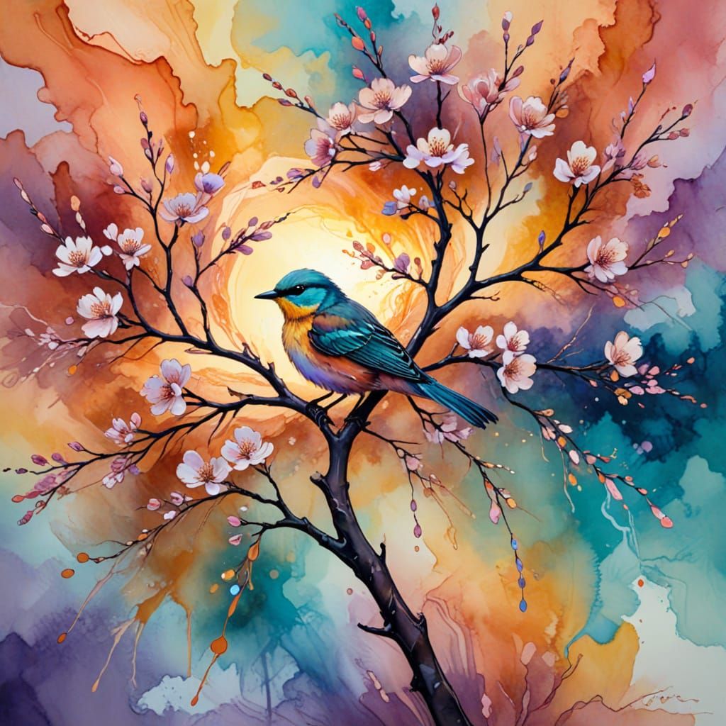 Surreal Blossom Tree Sunset Scene in Abstract, Swirling Ink ...