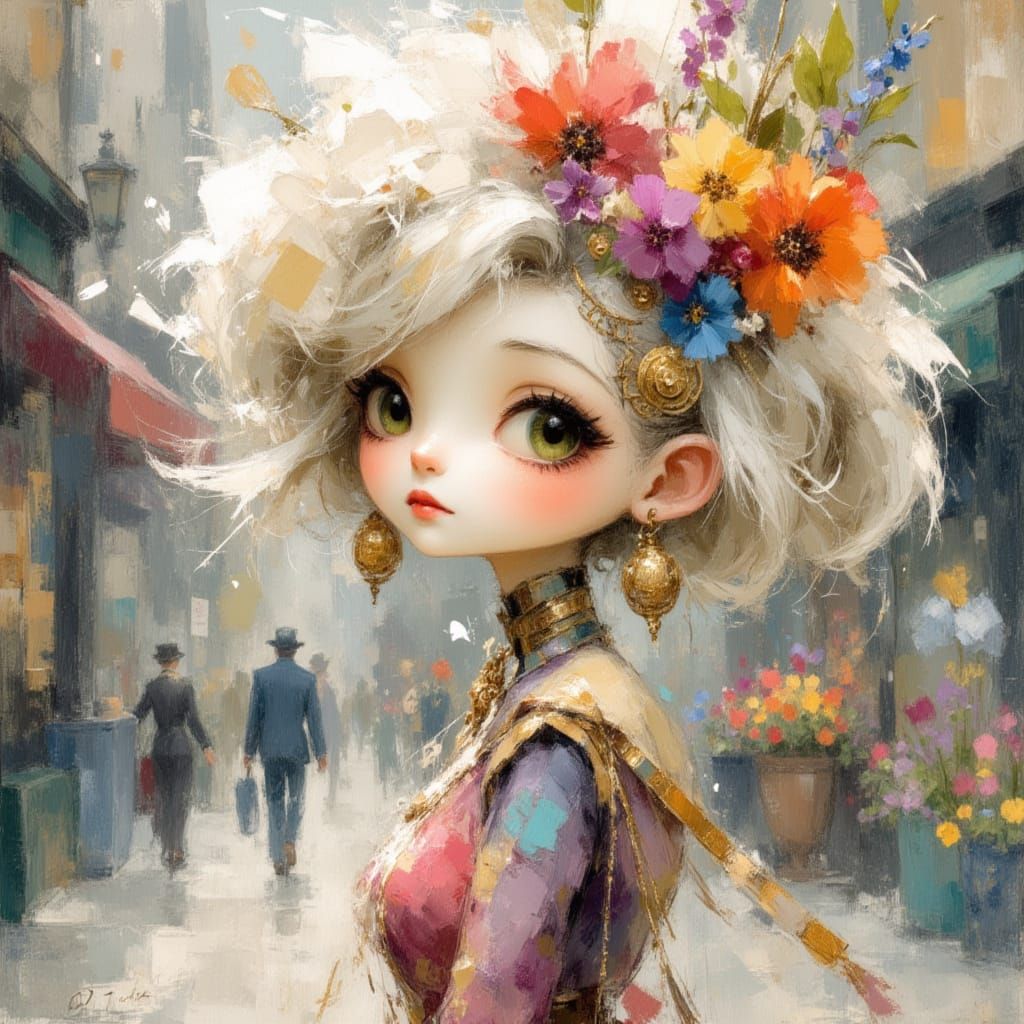 Steampunk Flower Seller in Pen and Ink