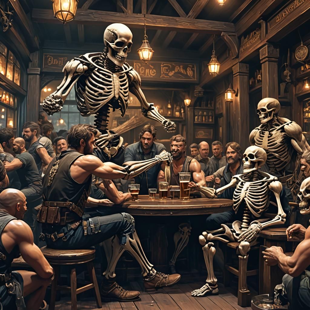 Man and Skeleton Arm Wrestle in Pub, Dark Fantasy