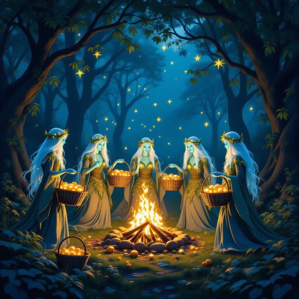 Ethereal Beings Celebrate Harvest Festival in Magical Glade